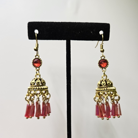 Jhumkas Earrings Pinkish Red Rhinestones & Beads and Gold Tone Drop Earrings - Picture 4 of 9